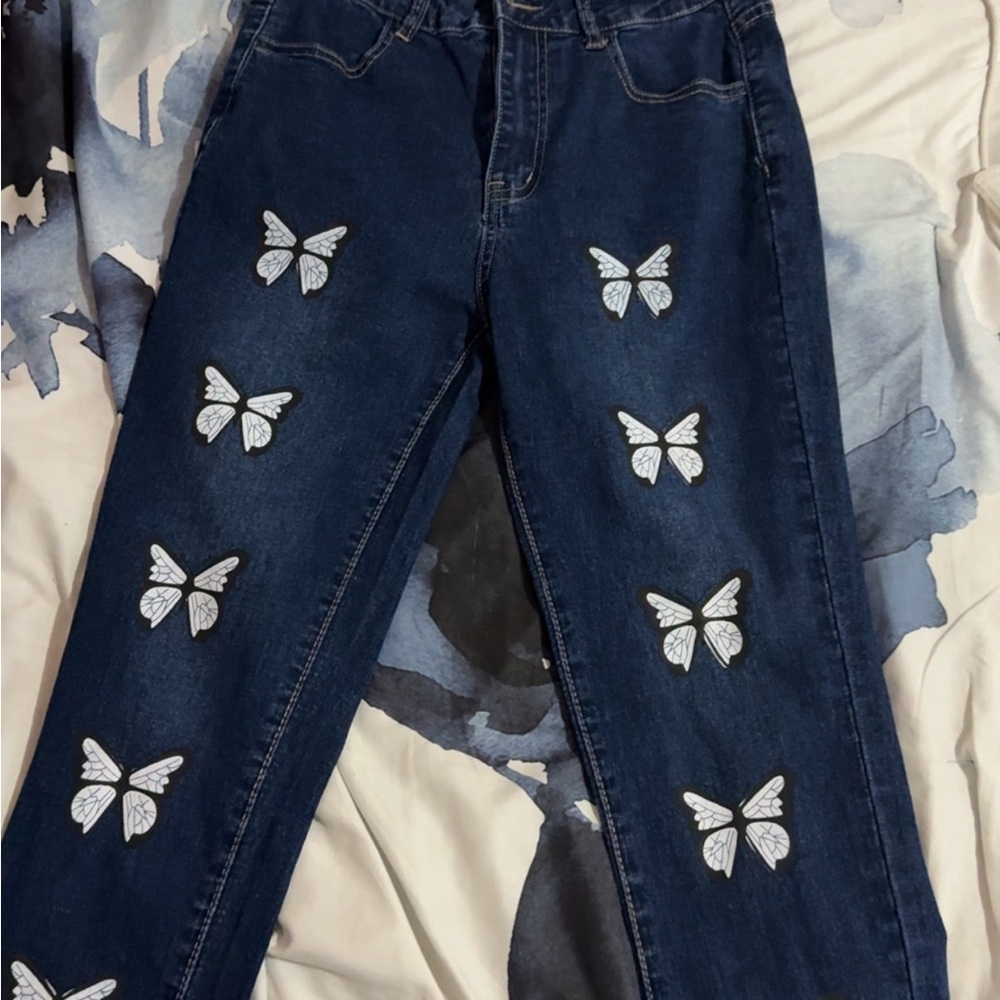Women's Blue Jeans with Butterfly Design